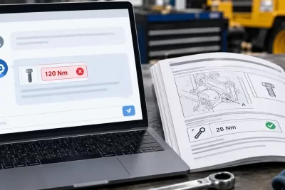 Support chatbot screen showing a wrong torque value beside the correct manual page