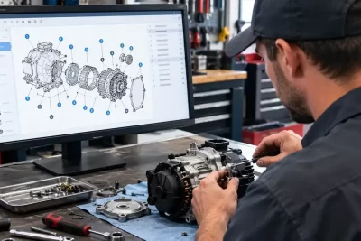 Technician using an exploded view parts diagram to repair equipment