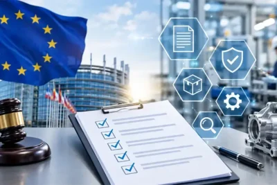 Engineer reviewing a product safety file and revision history for EU product liability compliance