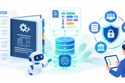 Structured technical manual topics with metadata tags feeding an AI search assistant