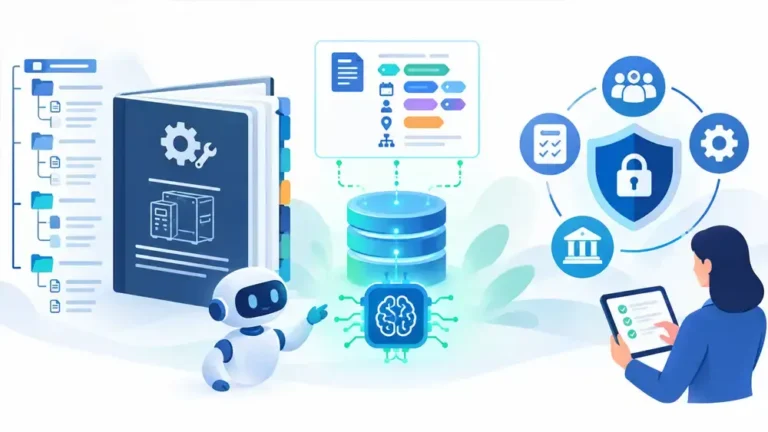 Structured technical manual topics with metadata tags feeding an AI search assistant